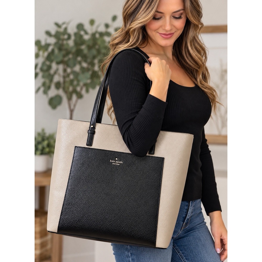 Kate Spade New York Large Colorblock Tote Black Beige Pebbled Shoulder Bag NEW